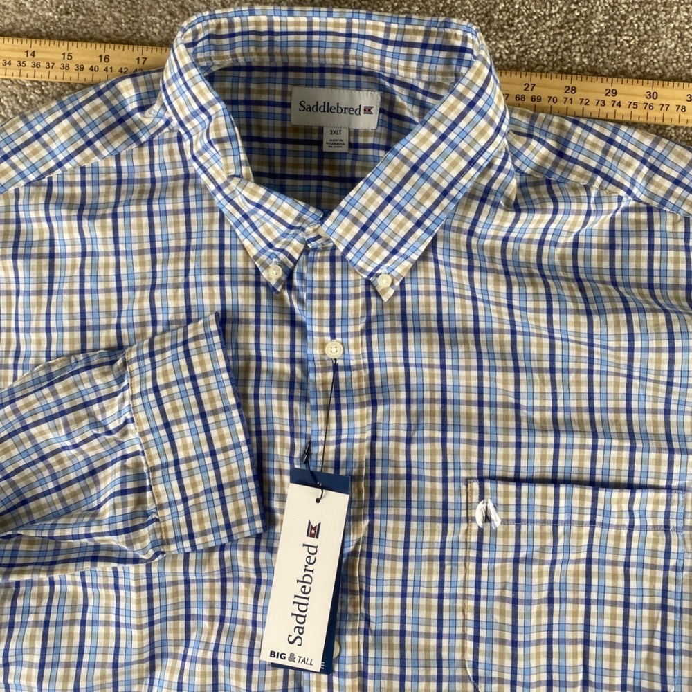 Saddlebred Big & Tall Mens 3XLT Blue Tan Plaid Button Down Shirt Easy Care NEW